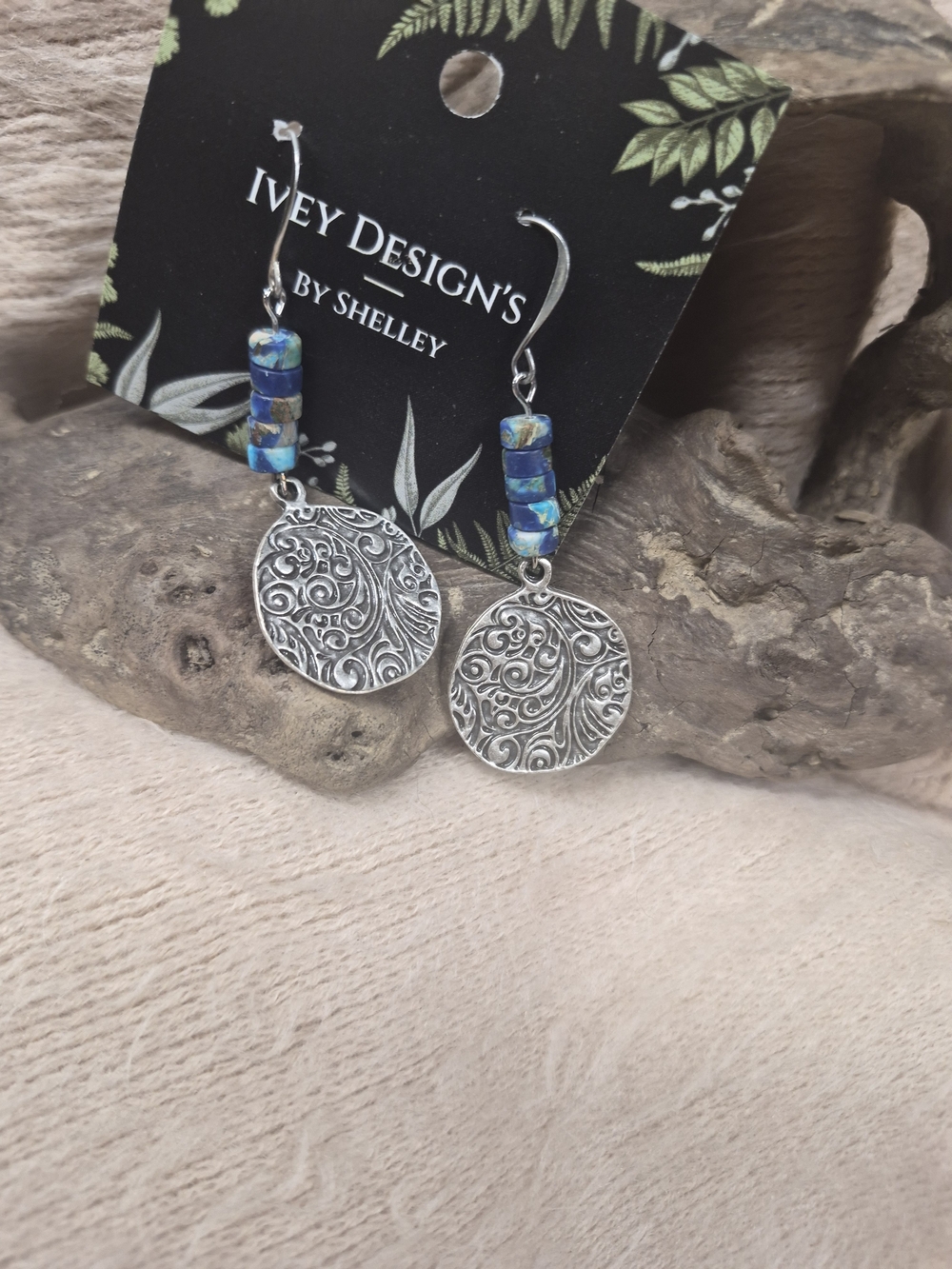 Blue Bead Silver Medallion Drop Earrings